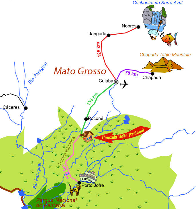 Fahrzeiten und Distanzen im Pantanal und Cuiabá